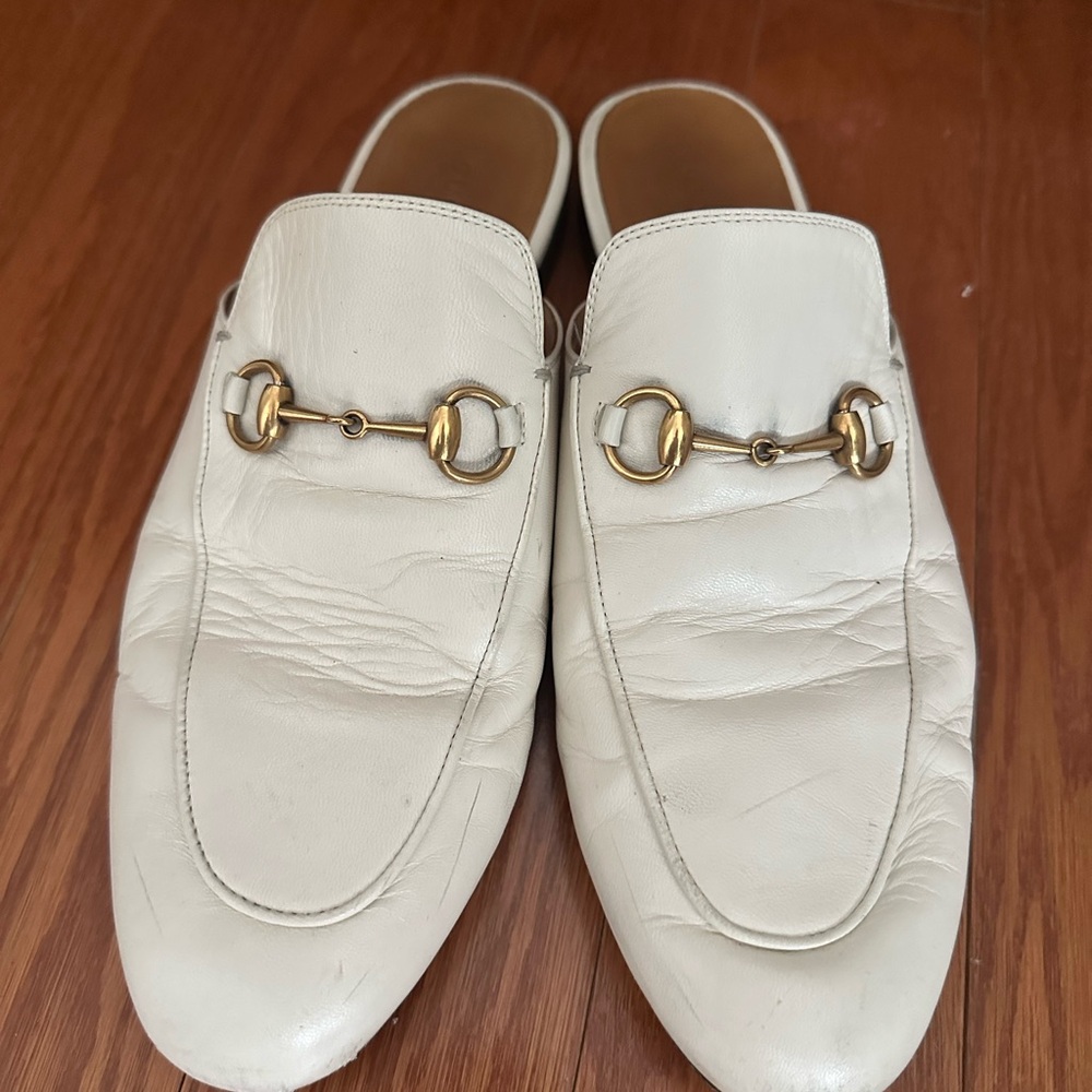 Gucci White Leather Horsebit Mules
